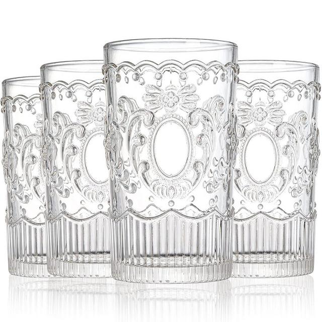 Lyellfe Set of 4 Vintage Drinking Glasses, 14 Oz Romantic Water Glassware, Premium Clear Glass Tumblers for Hot and Cold Drinks, Beer, Wine, Beverages, Lead-free, Dishwasher Safe
