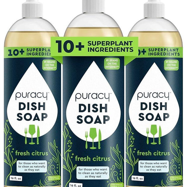 Puracy Natural Dish Soap - Skin-Softening Plant-Based Dishwashing Soap, Non-Toxic Dish Soap, Organic Liquid Dishwashing Detergent Soap (Fresh Citrus, 16 fl oz)