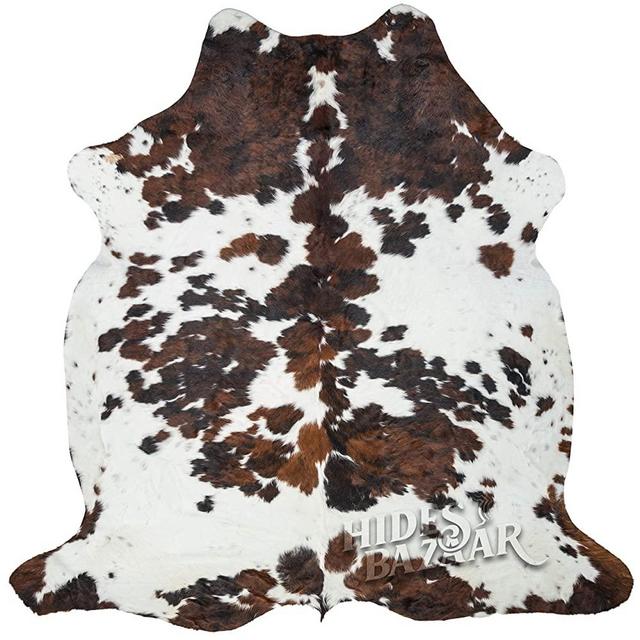 Tricolor Cowhide Rug Classic Brown, Black and White Color Mix, Natural Leather Hide, Area Rug (5x7 ft)