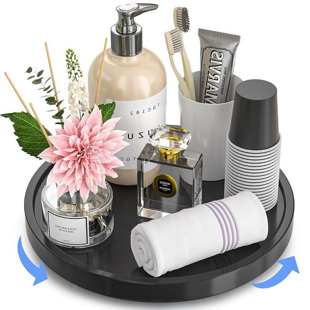 360° Rotating Bathroom Vanity Tray, 10" Bamboo Turntable Decorative Tray for Perfume Candle Soap Skincare Trays for Counter Dresser Sink Storage Wooden Countertop Organizer for Table Decor Black