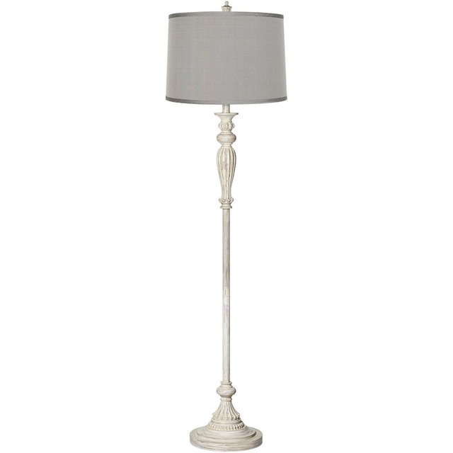 Possini Euro Design Vintage Shabby Chic Floor Lamp 60" Tall Antique White Washed Platinum Gray Silk Drum Shade for Living Room Office