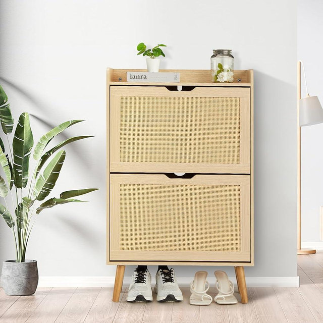 GarveeHome Shoe Cabinet - Hidden Shoe Storage with 2 Flip Rattan Flip-Drawer and Anti-Tip Design, Shoe Cabinet for Entryway, Foyer, Hallway, 12-15 Pairs Storage Organizer, MDF Frame