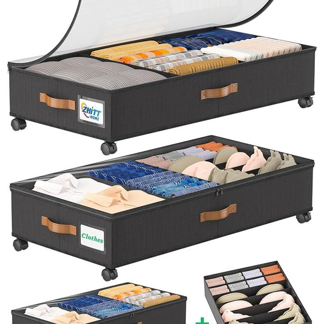 ZHITTHOME 2Pack Under Bed Storage with Wheels+1Pack Underwear Storage, Scalable Under Bed Shoe Storage Containers, Clothes Organizer & Bedroom Furniture Organizers (Underwear Storage Style)