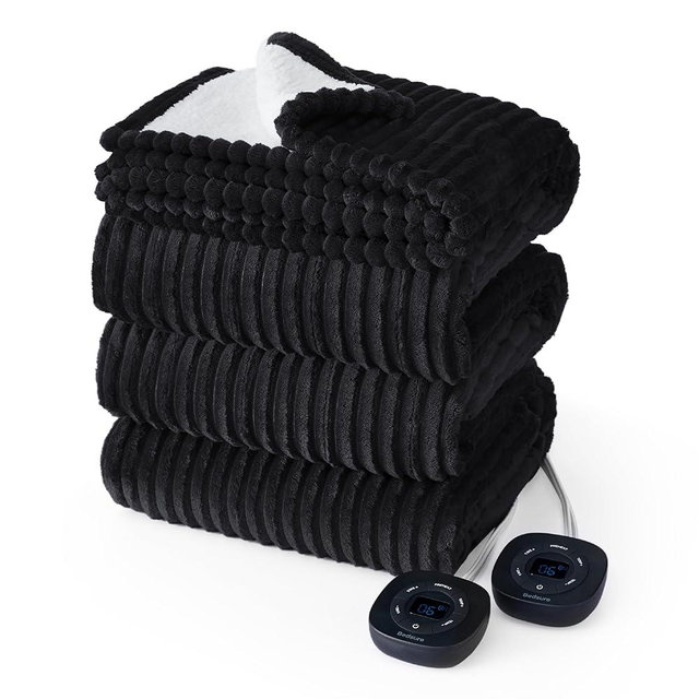 Bedsure Electric Blanket King - Soft Ribbed Flannel Heated Blanket with Dual Control, Fast Heating Blanket with 10 Heating Levels & 10 Time Settings, 8 Hours Auto-Off (90x100 inches, Black)