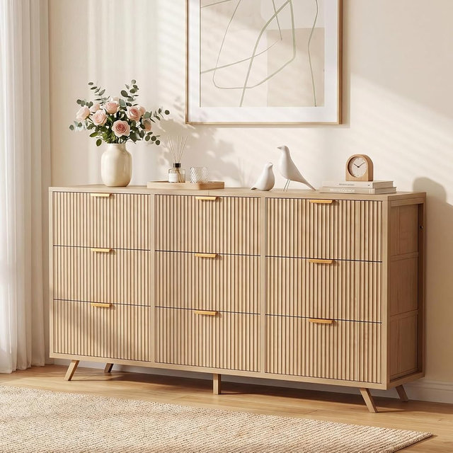 DUMOS Fabric Fluted Dresser,Chest of 9 Fabric Drawers for Bedroom, Large Dressers with Metal Frame & Wooden Top, Storage Organizer Closet for Living Room, Entryway, Oak