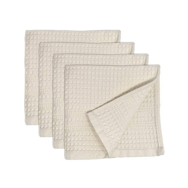 Premium 4 Pc Waffle Weave Washcloth Set 100% Natural Cotton Quick Dry Soft Luxurious Highly Absorbent Fabric Small Face Towel No Lint Fade Resistant Color (Cream)