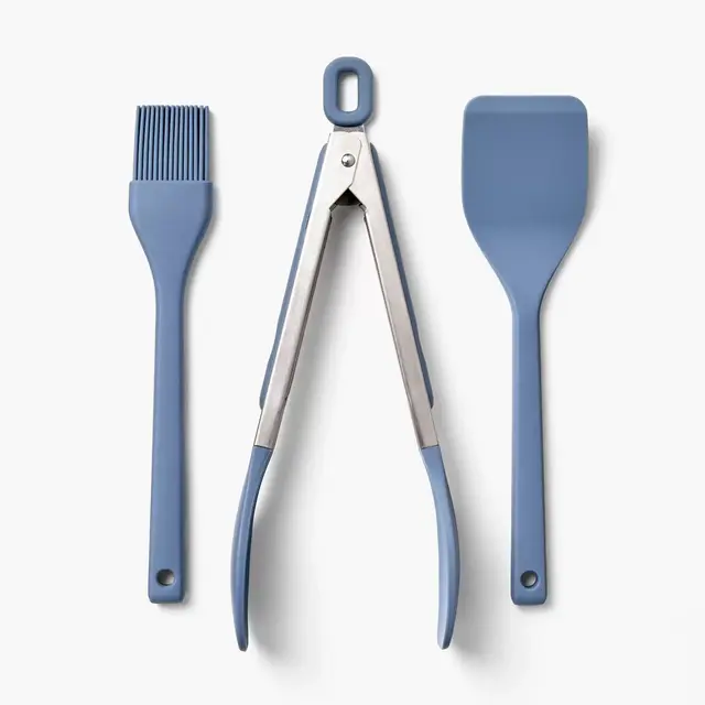 3pc Silicone Mini Turner Basting Brush and Tongs Set Blue - Figmint™