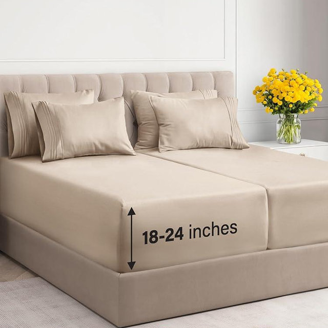 Extra Deep Split King Sheet Set - 7 Piece Breathable & Cooling Sheets - Hotel Luxury Bedding Set w/18-24 Inch Extra Deep Pockets - Easy Fit - Super Soft, Wrinkle Free & Comfy - Wheat, Split King Size