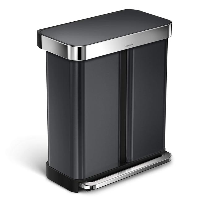simplehuman 45 Liter / 12 Gallon Slim Kitchen Step Liner Rim, Brushed Hands-Free Trash Can, 58 Liter Rectangular Recycler, Black Stainless Steel