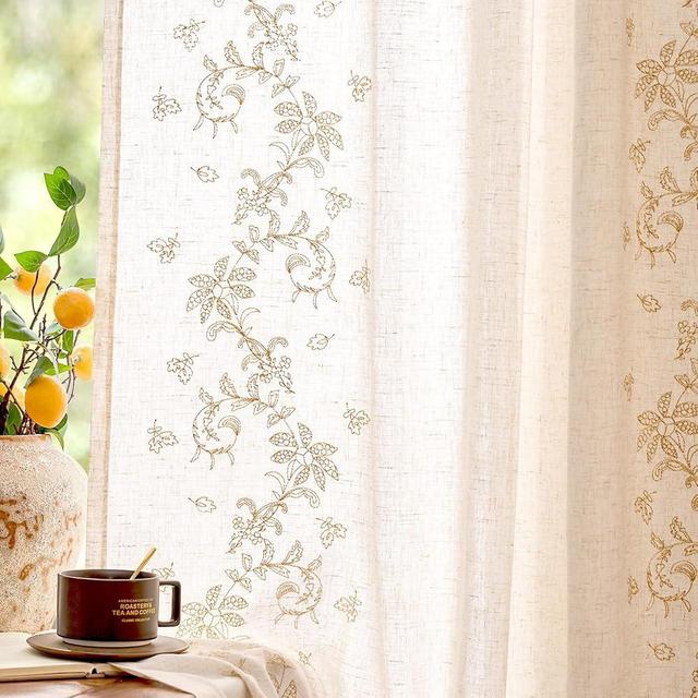 jinchan Evelyn Embroidered Linen Curtains 63 inch Floral Curtains for Living Room Bedroom Farmhouse Cottagecore Semi Sheer Light Filtering Window Drapes Rod Pocket Back Tab 2 Panels W50 x L63 Beige