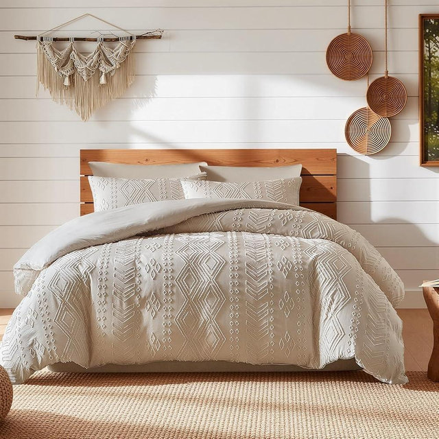 Jameswish 7 Pieces Tufted Boho Comforter Set Khaki Farmhouse Shabby Chic Embroidered Bedding for All Seasons Queen Size with Comforter Sheets Pillowcases Shams
