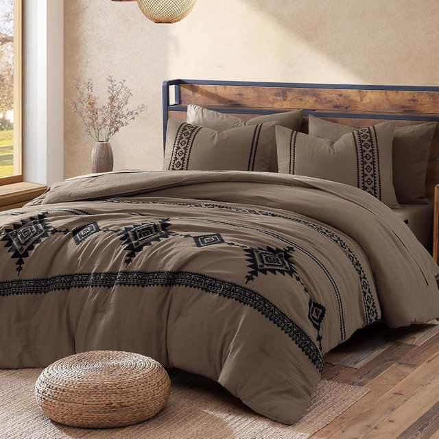 MaiRêve Embroidery King Size Comforter Set Taupe Grey, Boho Farmhouse Western Bedding Set 7 Pieces, All Season Bed in A Bag Comforter Set with Sheets, Pillowcases & Shams