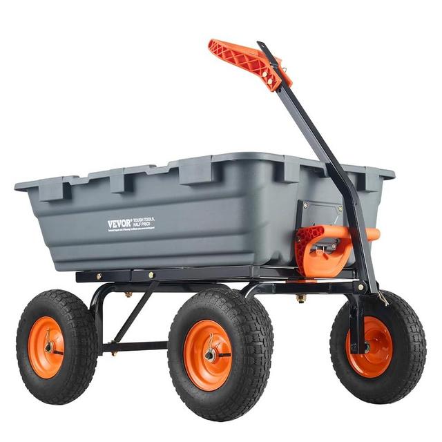 VEVOR 4 Cu.Ft. 600lbs Poly Garden Cart Dump Wagon, Heavy Duty 4 Wheel Wheelbarrow Yard Cart Dump Wagon with 10in All Terrain Wheels, Steel Frame and Quick Release System
