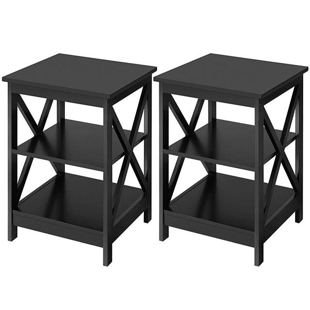 YAHEETECH 3-Tier End Table, X-Design Wooden Sofa Side Table Storage Cabinet, Living Room Bedroom Furniture, Set of 2, Black