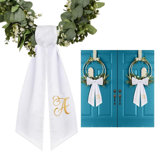 2 Pack Wreath Sash for Front Door Monogrammed Embroidery Wreath Sash for Boxwood Front Door Porch Wreath Garland Decor(Letter A)