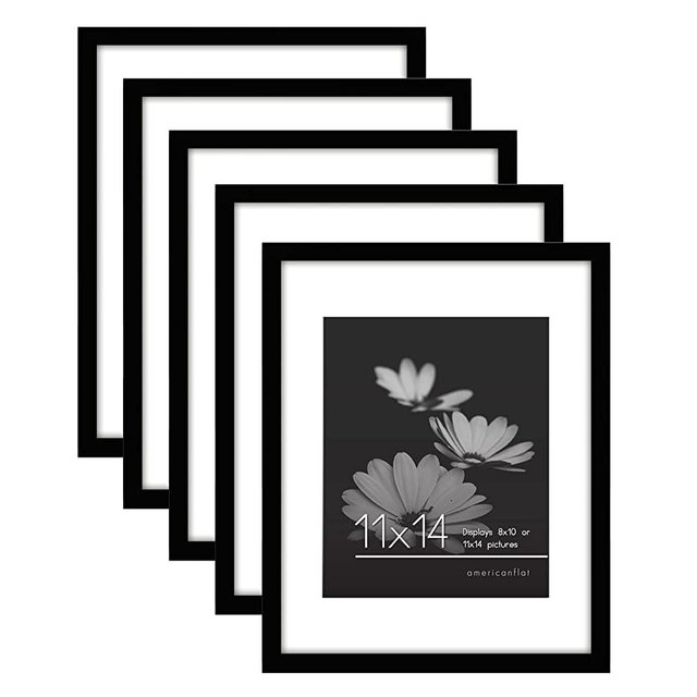 Americanflat 11x14 Picture Frame in Black - Set of 5 Frames - Displays 8x10 With Mat and 11x14 Without Mat - with Plexiglass Cover, Sawtooth Hanging Hardware For Horizontal or Vertical Display