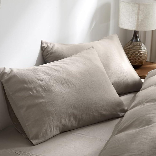 TUMEI 100% Linen Bed Pillow Cases Queen Size(25.98"×20.08") - Set of 2 Linen Standard Pillow Covers Washed Solid Color Natural Flax Soft Breathable, Morandi Grey Queen