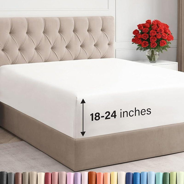 Extra Deep Cal King Fitted Sheet - Hotel Luxury Single Fitted Sheet Only - Easily Fits 18 inch to 24 inch Mattress - Ultra Soft, Wrinkle Free w/Extra Deep Pockets - Breathable & Comfy - Antique White