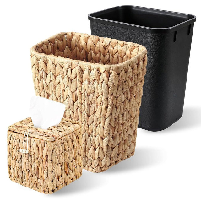 BSSN Wicker Trash Can and Tissue Box Cover, 2.1 Gal Handwoven Water Hyacinth Waterproof Waste Basket with Removable Liner Garbage Bin, Wicker Home Set for Bedroom, Bathroom, Office, Living Room