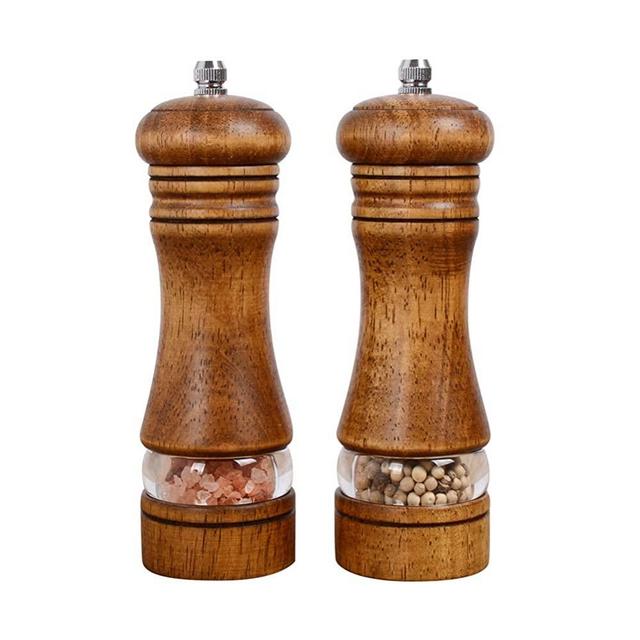 Wooden Salt and Pepper Grinder Set with Shelf Manual Mills Acrylic Visible  Window Pepper Mill 6 Inches Grinder Salt Shaker Set