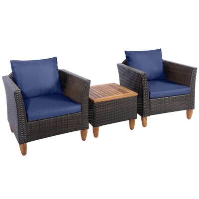 Costway - 3PCS Patio Wicker Rattan Sofa Set Furniture Outdoor Acacia Wood Conversation - Navy