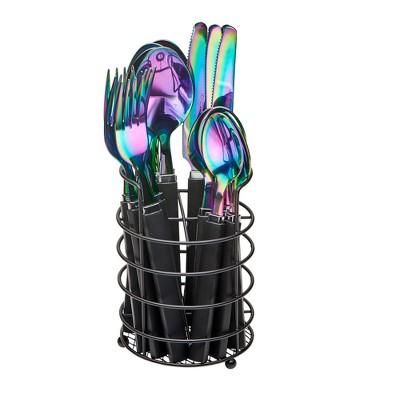 Tomodachi Rainbow Titanium - 17 Piece Flatware Set, Service for 4 with Wire Storage Caddy