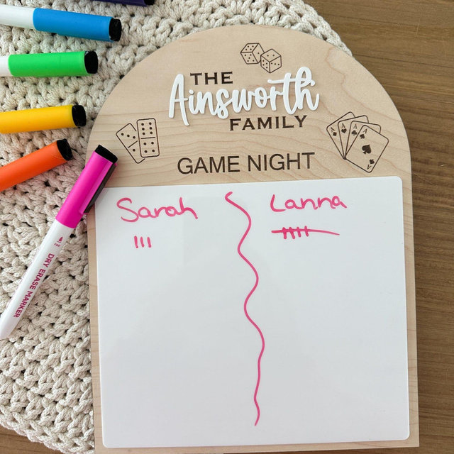 Personalized Family Game Night Sign | Dry Erase Scoreboard | Maple Wood & White Acrylic | Custom Name | Reusable Game Board Score Card