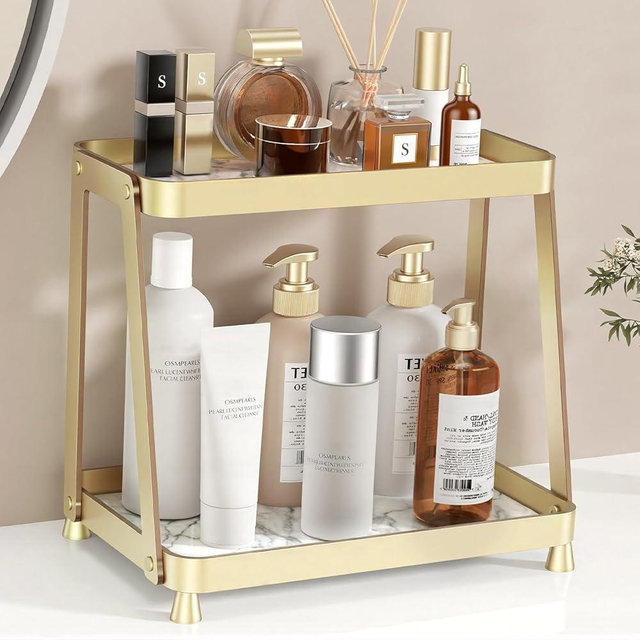 Bathroom Counter Organizer - 2-Tier Acrylic Makeup Organizer Countertop with Marble Tray, Perfume Organizer & Vanity Organizer, Makeup Tray Shelf for Skincare, Cosmetics Display, Gold