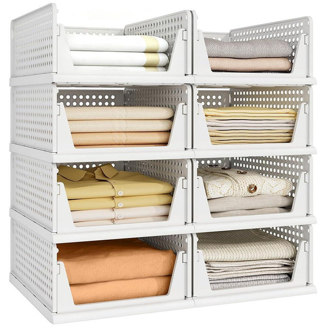 Pinkpum 8 Pack Closet Organizers and Storage Plastic Stackable Storage Bins, Foldable Drawer Shelf Storage Container for Wardrobe Kitchen Bathroom Dorm White