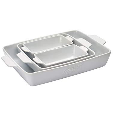 Mason Craft & More Ceramic Bakeware Collection- Rectangular, Square, Casserole, Lasagna, Baking, Roasting- 4 Piece White Ceramic Bakeware Set