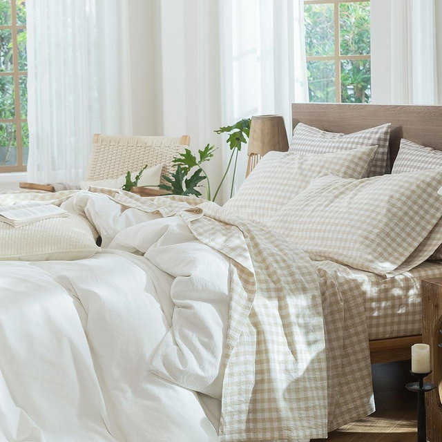MooMee Gingham Sheet Set 100% Washed Cotton Linen Like Textured Breathable Soft w/Fully Elasticized 16-19" Deep Pocket (Almond Milk Grey Gingham, Queen)