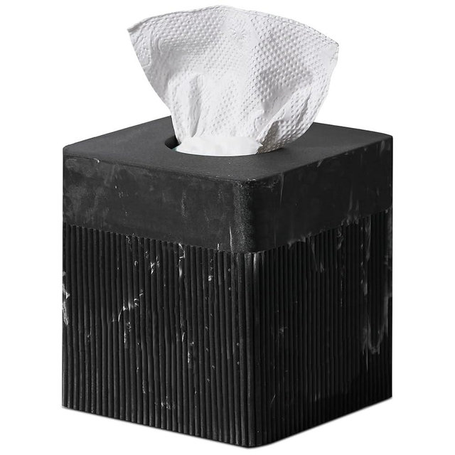 Tissue Box Cover Square Resin Tissue Holder for Home Decor, Hand Poured Marble Tissue Box Holder, 5 x 5 x 5.5 inches, Black