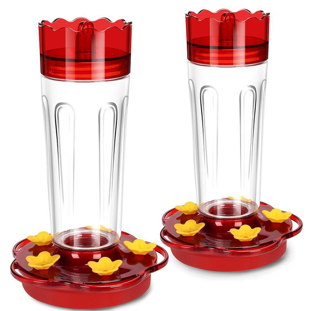 Glass Hummingbird Feeders for Outdoors Hanging Ant and Bee Proof, 2 Pack 15 Ounces Red Hummingbird Feeder with 5 Feeding Ports and Perches, Built-in Ant Moat, Outside Garden Décor (Glass, 2)