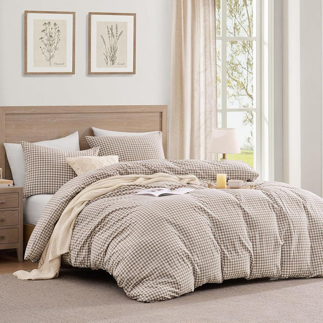 Andency Tan Gingham Duvet Cover Queen, 100% Wash Cotton Linen Like Textured Breathable Comforter Cover Set, 3 Piece Brown Classic Yarn-Dyed Checkered Plaid Bedding Set, 90"*90"