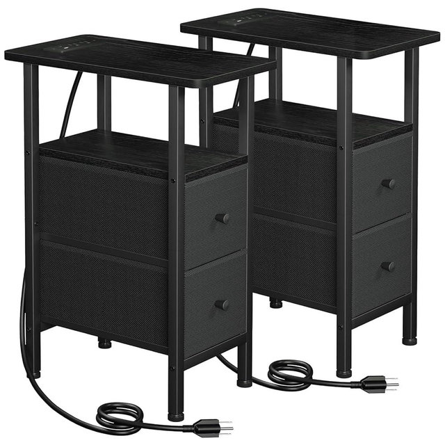 LOAKEKEL Narrow Nightstand with Charging Station, End Tables Living Room Set of 2, Skinny Side Table with Fabric Drawers, Slim Sofa Table for Bedroom, Small Spaces, Couch, Black, HETNDP02BK