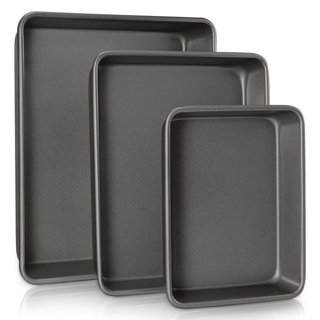 HONGBAKE Deep Baking Pans Set for Oven, Nonstick Rectangle Sheet Cake Baking Pans, 13/11/9 Inch Rectangular Oven Tray for Cooking Brownie Lasagna, Stackable Multi-Depth Bakeware, Black