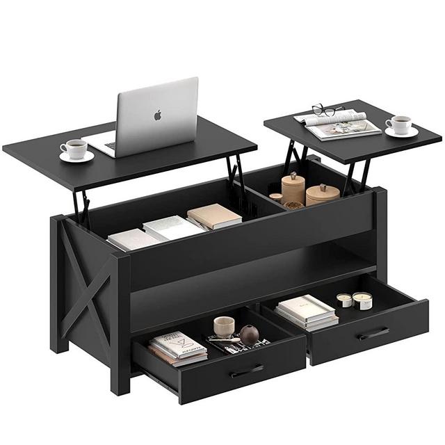 Seventable Lift Top Coffee Table, 47.2" Coffee Table with 2 Storage Drawers and Hidden Compartment, X Wood Farmhouse Support, Retro Center Table with Wooden Lift Tabletop, for Living Room,Black