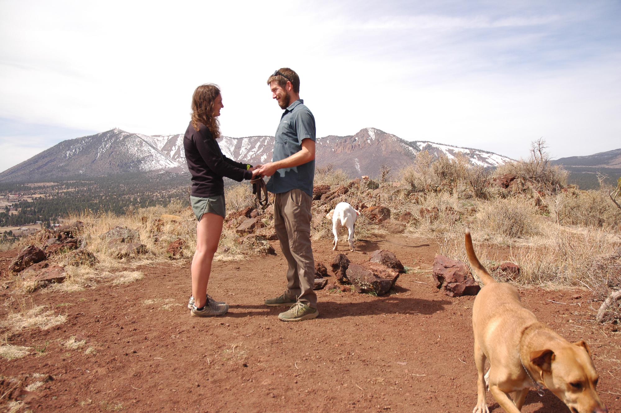 Wade proposed to Sabrina on the top of Old Caves Crater, with a little help from their dogs Aspen and Baxter