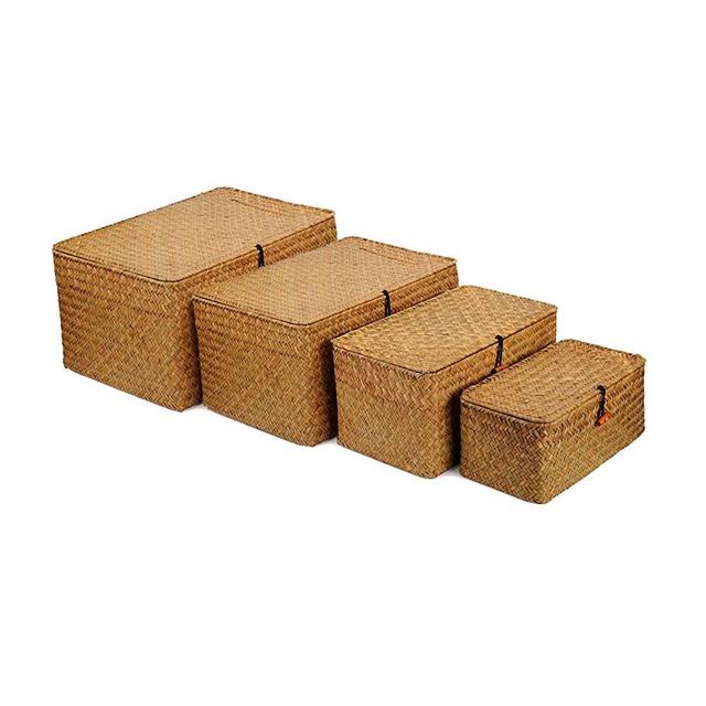 Seagrass Storage Baskets with Lids, Woven Rectangular Basket Bins, Wicker Storage Organizer for Shelf, Set of 4