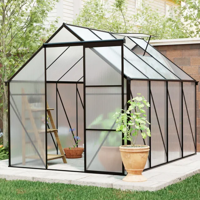 KTMBDW 6x8 FT Greenhouse for Outdoors, Polycarbonate Greenhouse with Roof Vent, Aluminum Large Walk-in Greenhouse for Outside Garden Backyard, Black