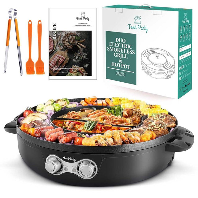 Food Party Hot Pot Electric Korean BBQ Grill 2 in 1 Hotpot Smokeless Indoor Grill Removable Cooking Plate Easy Cleaning 110V 1800W Shabu Shabu Pot with Divider