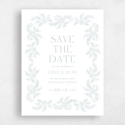 Soft Teal, White Wedding Save the Date - Petalo Portrait