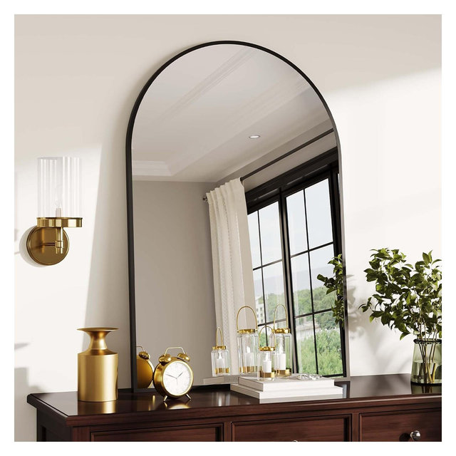 24" x 36" Arched Wall Mirror with Metal Frame – Modern Vanity Mirror for Bathroom, Bedroom, or Living Room, Black