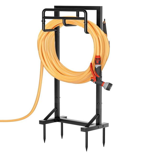 Garden Hose Holder with Stable Base and Tool Hooks, GAVISCITY Heavy-Duty Metal Hose Hanger Garden Hose Storage Holds 151Ft Hose, Rustproof Freestanding Water Hose Holder for Outside, Yard, Lawn, Black