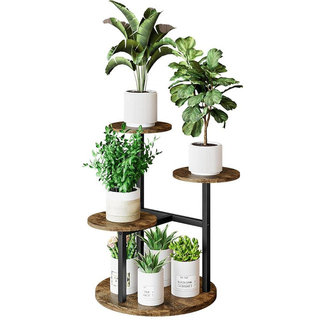 INGIORDAR Plant Stand Indoor 4 Tier 5 Potted Multiple Flower Pot Holder for Patio Garden Balcony Living Room Corner (4 Tier Black+Rustic Brown)