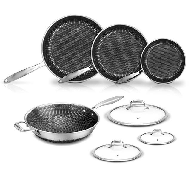 7-Piece Cookware Set Stainless Steel - Triply Kitchenware Pans Set Kitchen Cookware w/ DAKIN Etching Non-Stick Coating - Small, Medium, & Large Stir Fry Pan with Lid, Wok - NutriChef NC3PLY7S