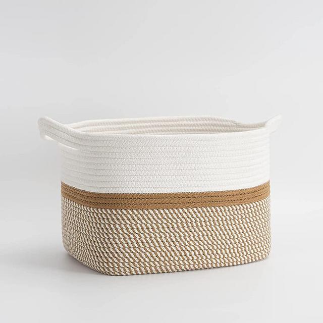 CHICVITA Square Cotton Rope Woven Basket with Handles for Books, Magazines, Toys - Decorative Rectangle Basket for Baby Nursery, Living Room, Bathroom 13.5" x 11" x 9.5", Brown and White