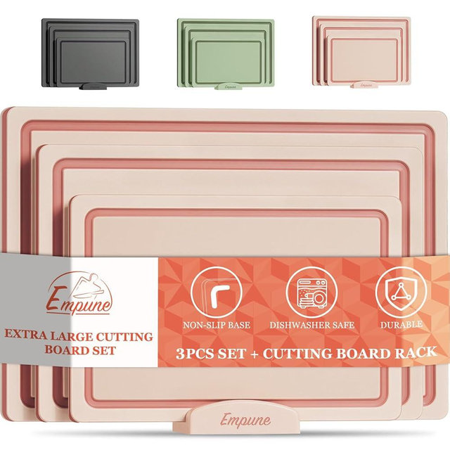 Empune Plastic Cutting Board Set, Recycled Plastic Cutting Boards for Kitchen (Set of 3), Dishwasher Safe Large Chopping Board with Holder, Non-slip Feet and Juice Grooves, Nonporous, Pink