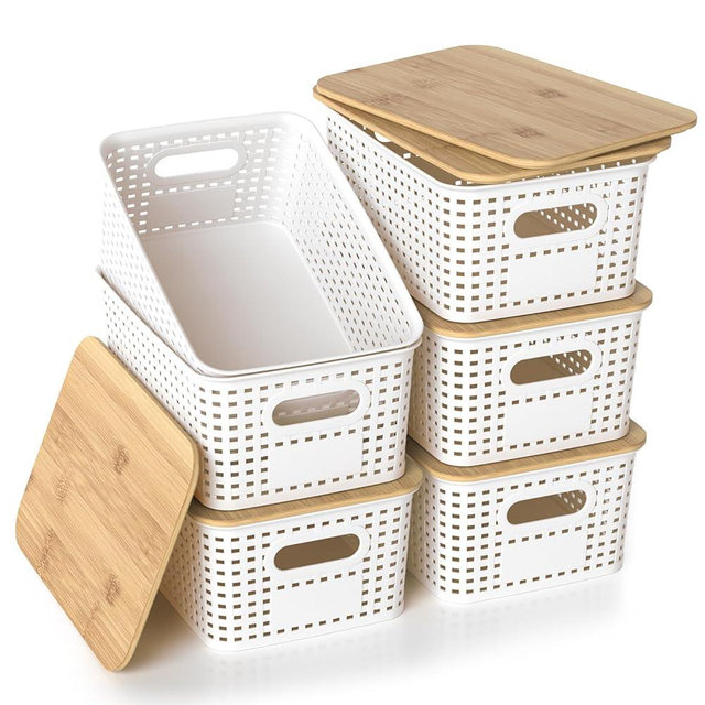 ZFTMRR Plastic Storage Baskets with Bamboo Lids, Stackable Small Box Bins for Organizing and Containers for Shelves Drawers Desktop Closet Pantry Classroom Office Home, 6 Pack 10.2x7.2x4.1 Inch, White