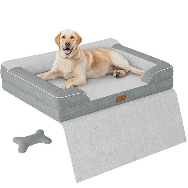 CWAWZ Jumbo Orthopedic Dog Bed for Extra Large Dogs With Cooling Gel Memory Foam, Waterproof Removable Washable Cover, 45" Sofa Couch Dutch Velvet With Blanket Bone Toy